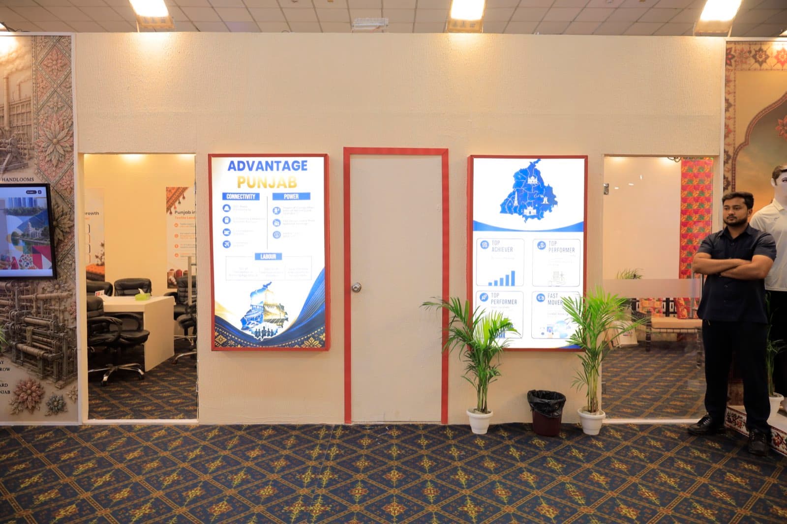Advantage Punjab pavilion exterior with connectivity and investment lightboxes at BharatTex