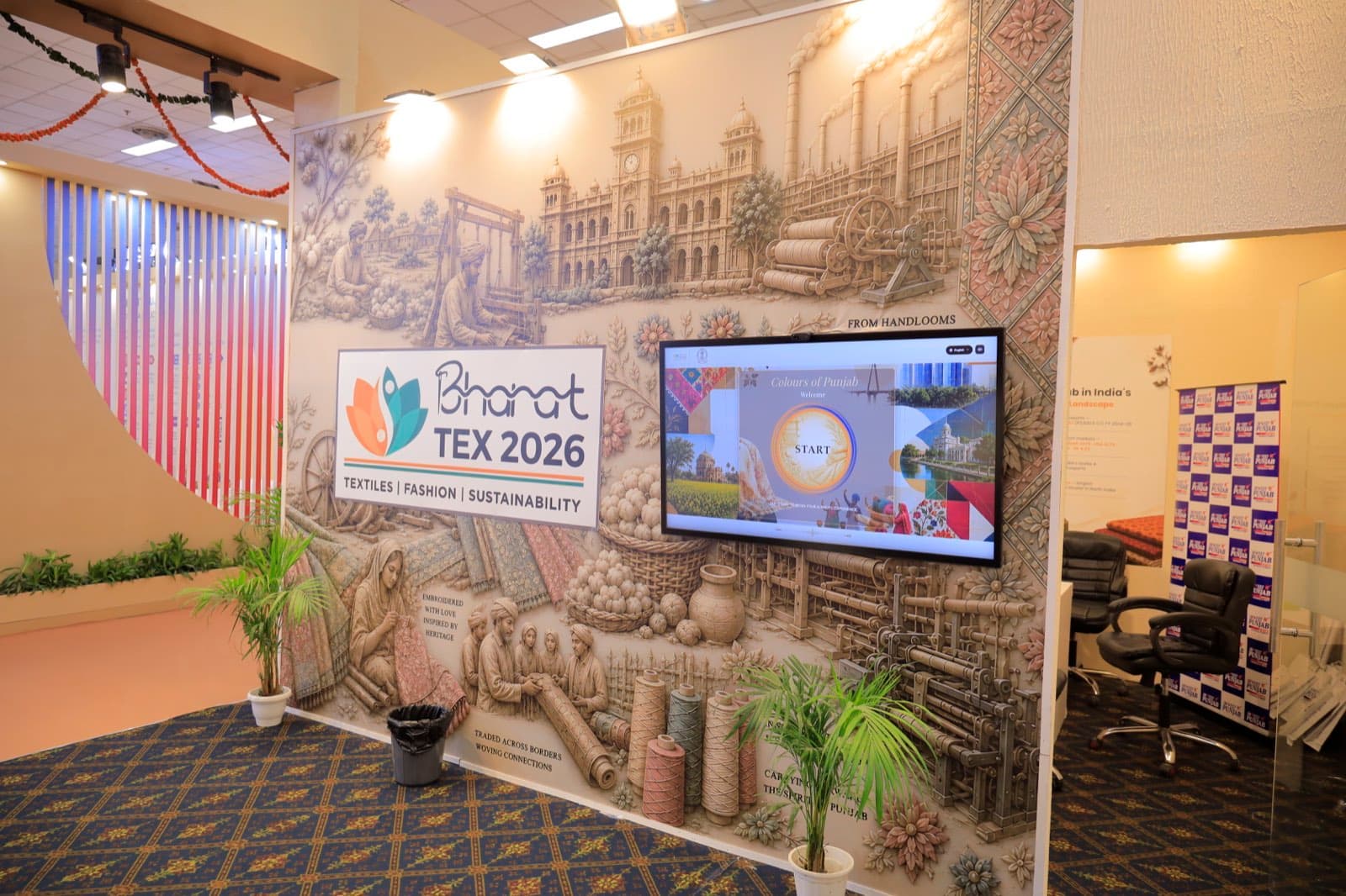 Bharat Tex 2026 heritage mural wall with Colours of Punjab digital experience screen