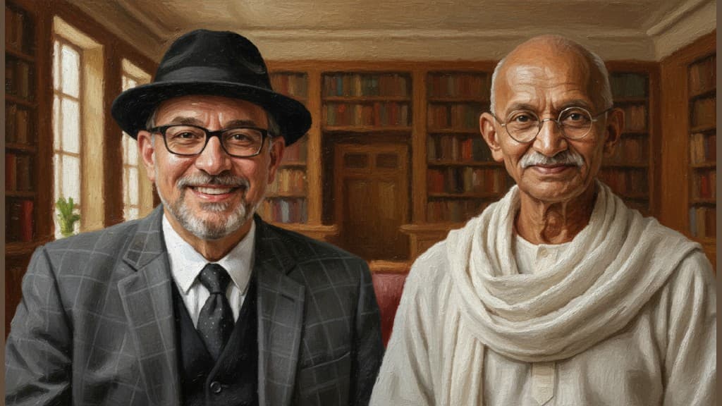 AI selfie booth output — literary heritage portrait with Mahatma Gandhi