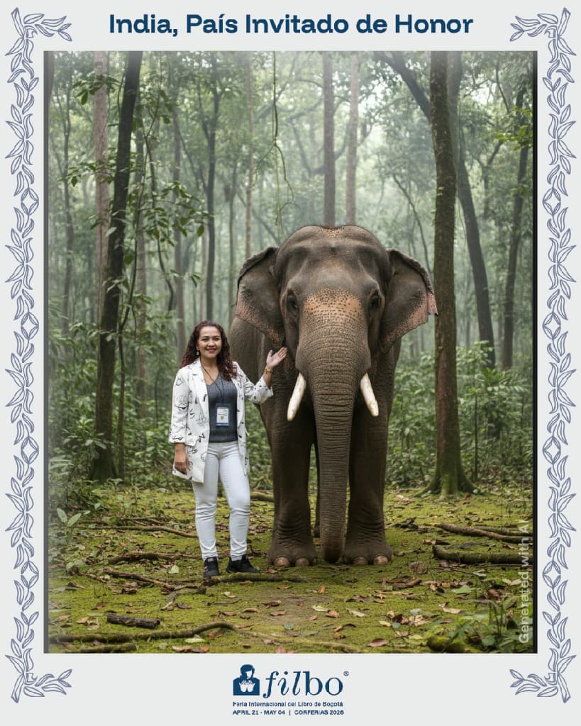 AI selfie booth output — visitor with an elephant in a forest setting