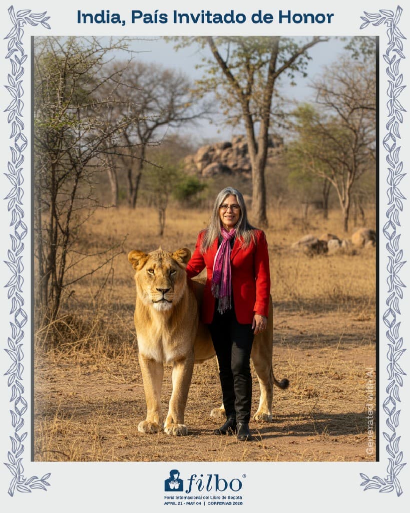 AI selfie booth output — visitor with a lioness on the savanna