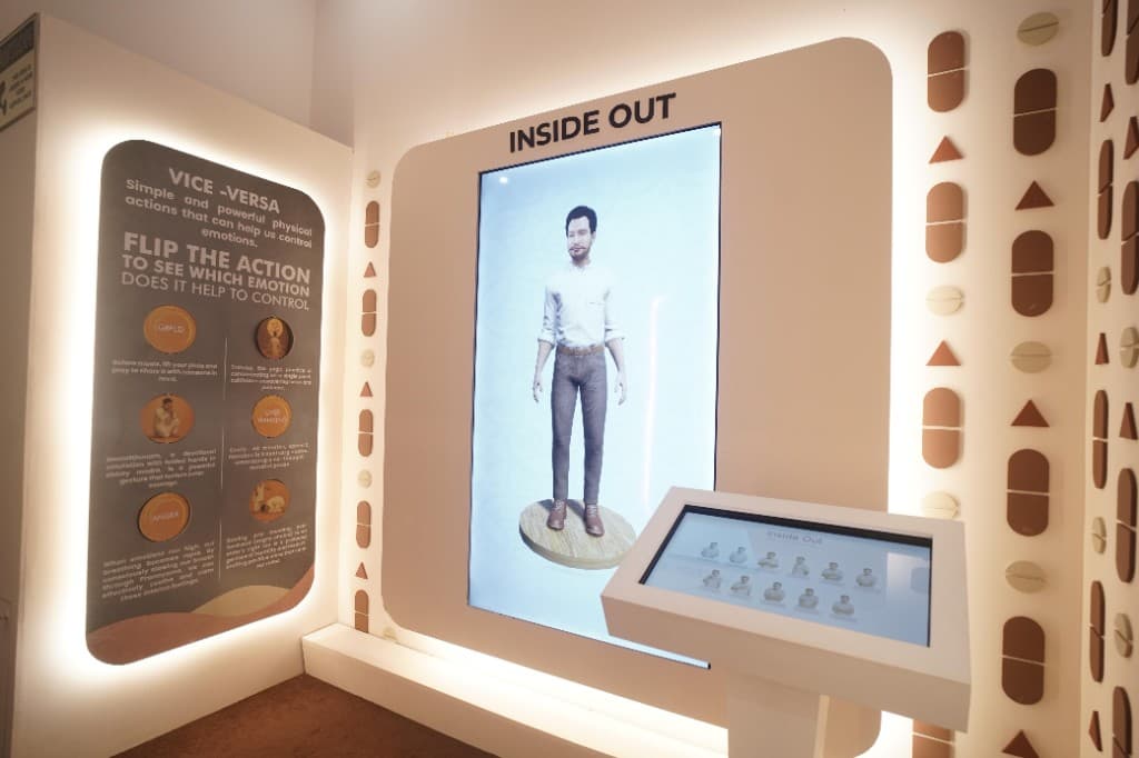 Inside Out interactive avatar exhibit with Vice-Versa emotion control panel at Paras Dham Girnar
