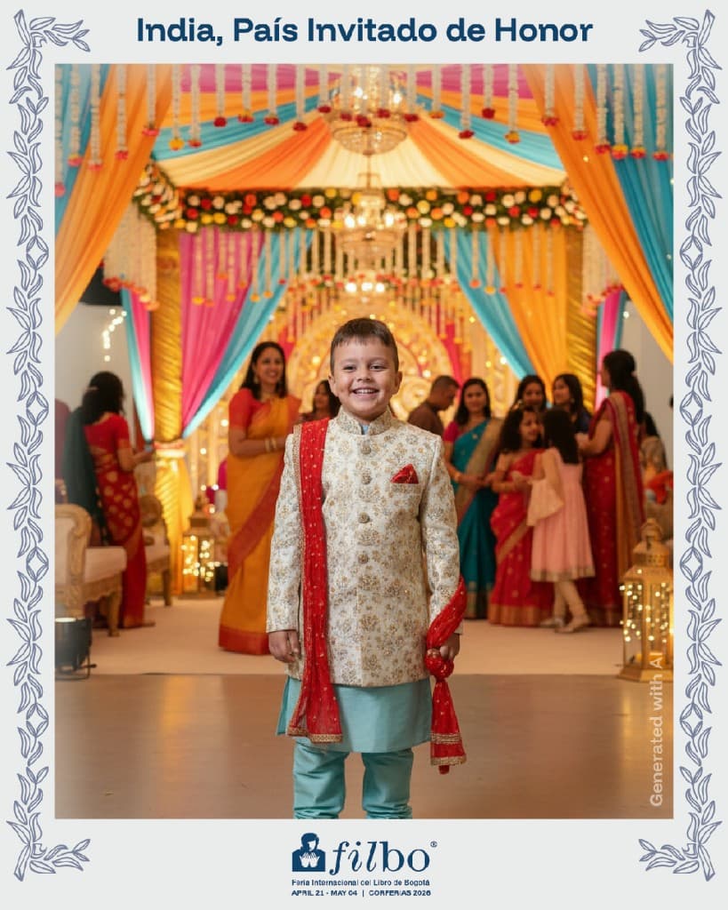 AI selfie booth output — visitor in traditional Indian wedding attire